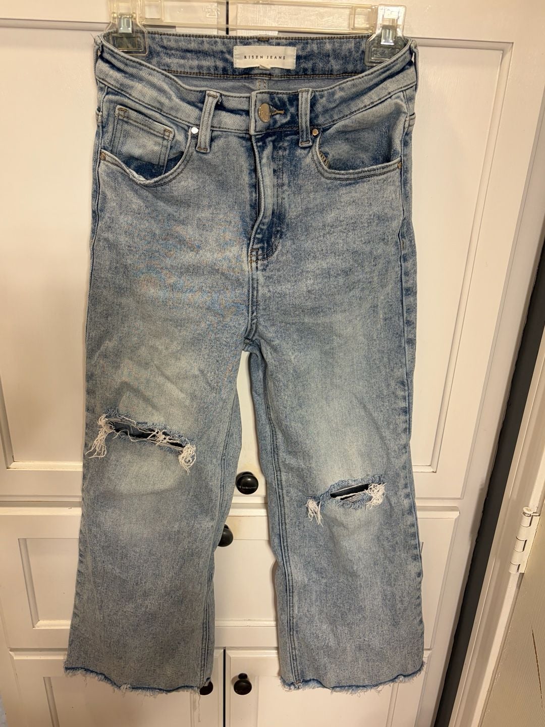 Risen Jeans Size 3/26 Distressed Wide Leg Cropped Light Wash High Rise Denim